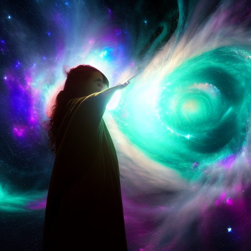 Dr. Calvin stands at the precipice of a swirling nebula, her outstretched hand summoning celestial energies, as stars and galaxies align in a mesmerizing spectacle around her.